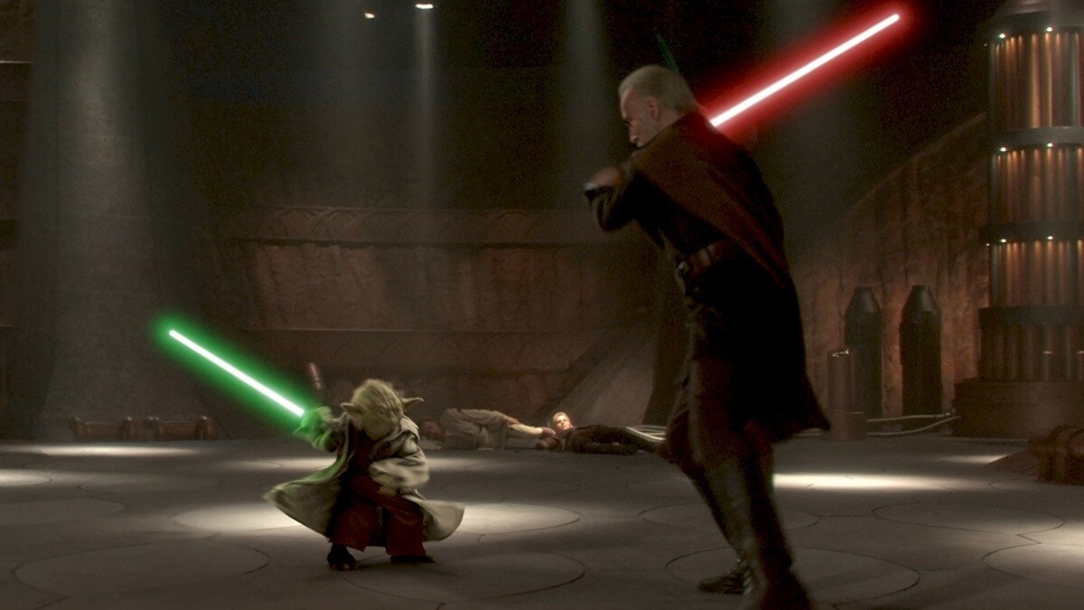 Yoda duels Count Dooku on Geonosis in Attack of the Clones