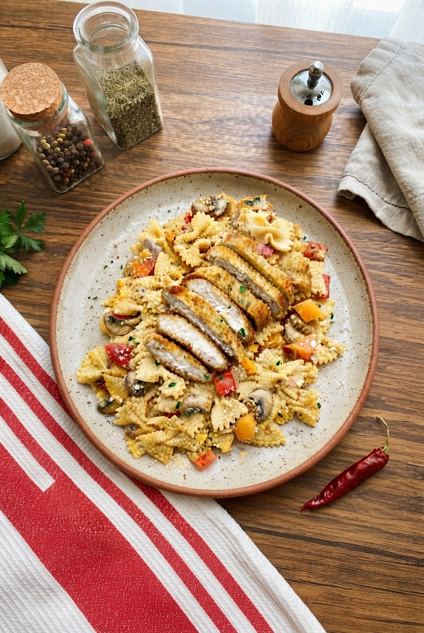 Finished serving of copycat Louisiana Chicken Pasta with breaded chicken and pasta.