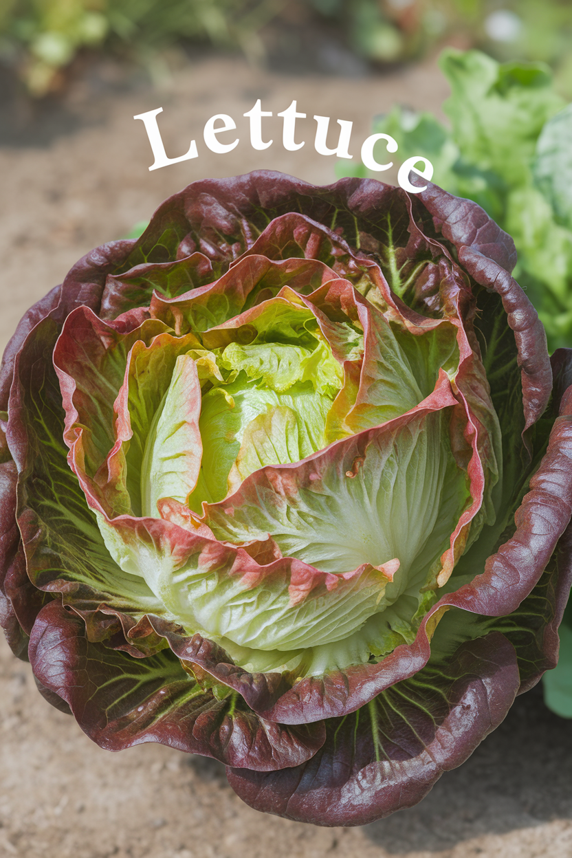 Close-up of a lettuce with red and green leaves in a garden setting. The word "Lettuce" is above it, in white text.