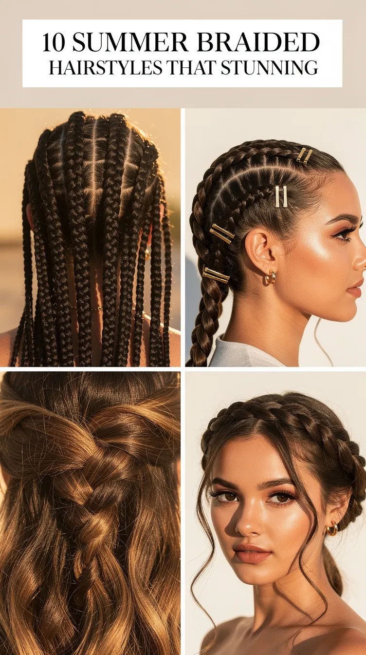 Close-up of four summer braided hairstyles with diverse patterns in warm lighting. Text: "10 Summer Braided Hairstyles That Stunning".