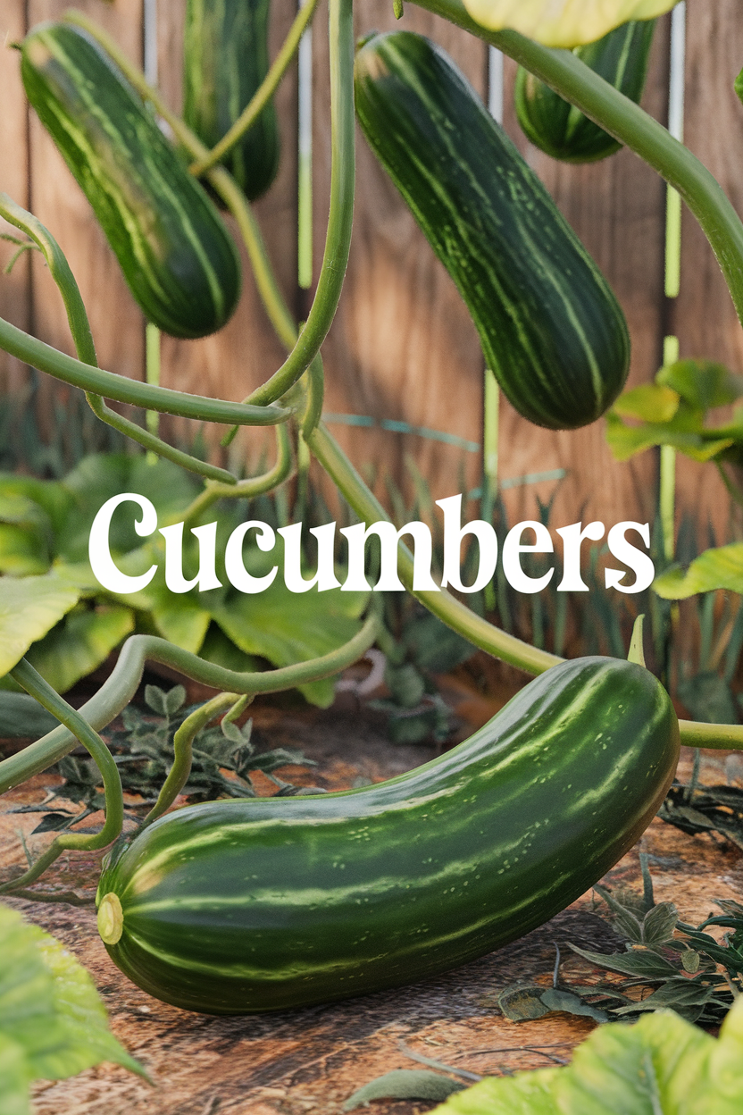 Green cucumbers growing on vines against a wooden fence. Text reads "Cucumbers." Lush leaves and vibrant setting indicate freshness.