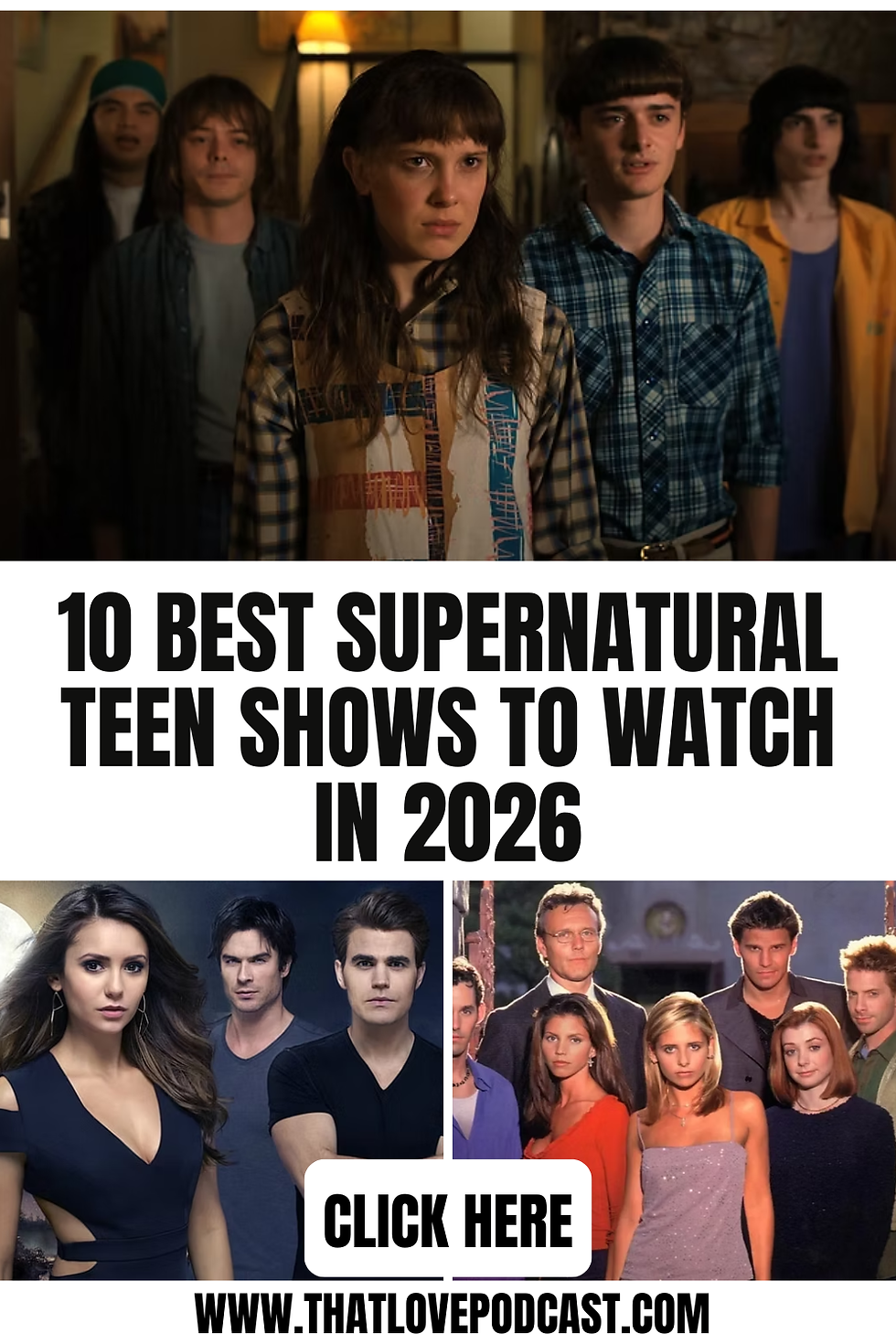 Teen cast collage with serious faces and bold text: 10 Best Supernatural Teen Shows to Watch in 2026, Click Here, and website URL