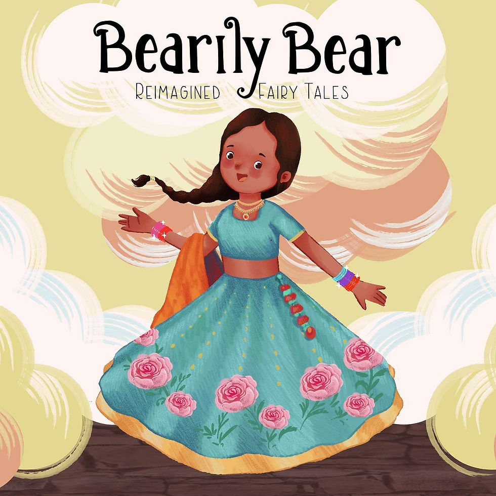 Book cover titled Bearily Bear: Reimagined Fairy Tales, showing a smiling girl in a teal floral dress on a pastel cloudy background.