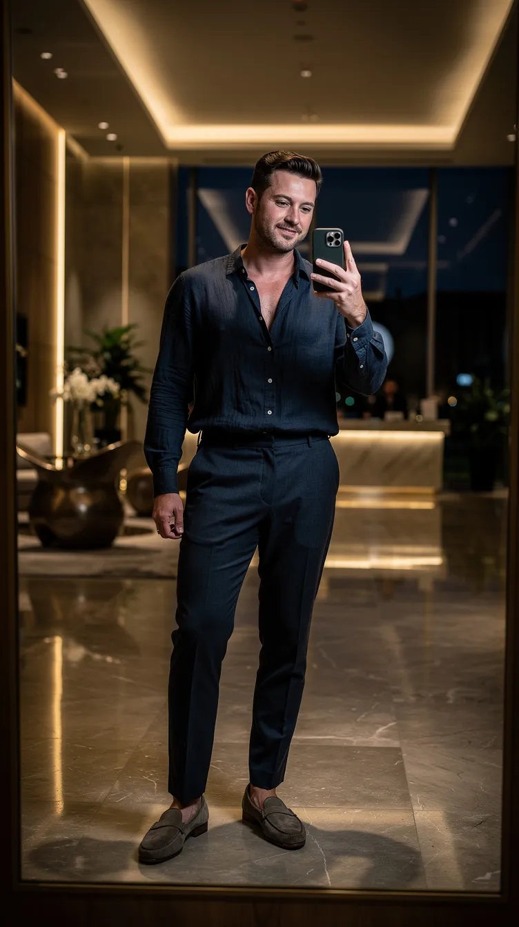 Man in dark outfit taking a mirror selfie in a modern, dimly-lit interior with marble floors and soft lighting; appears confident and relaxed.