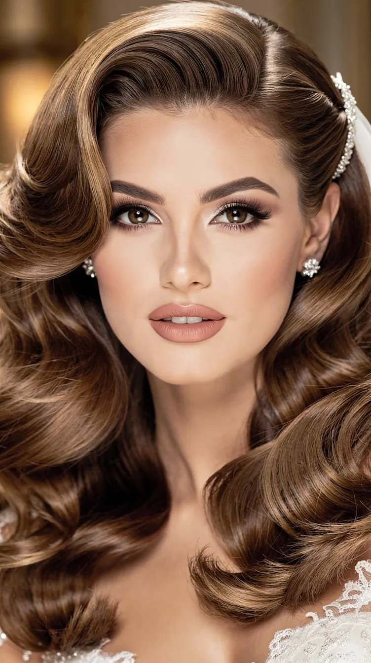 Elegant woman with wavy brown hair, wearing pearl earrings. Soft lighting with a glamorous and confident expression. Bridal style attire.