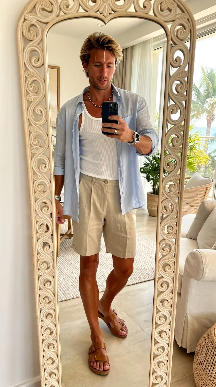 Open Linen Shirt + Tank Top + Shorts + Sandals