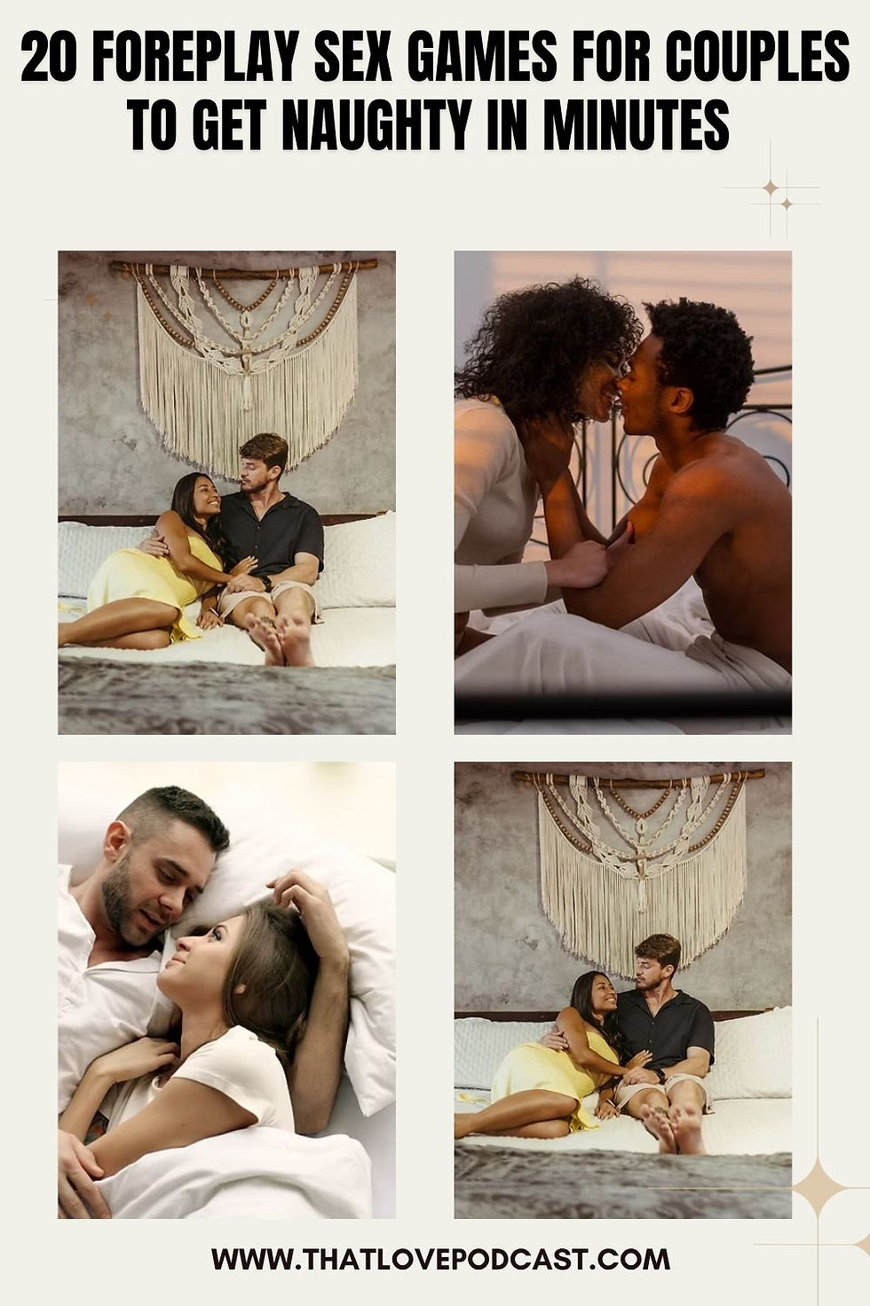 Poster of two couples cuddling in bed, with title 20 Foreplay Sex Games for Couples to Get Naughty in Minutes and website text