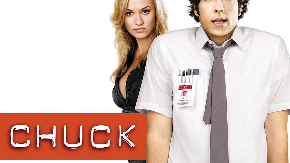 Chuck and Sarah pose together in a promotional image for Chuck.