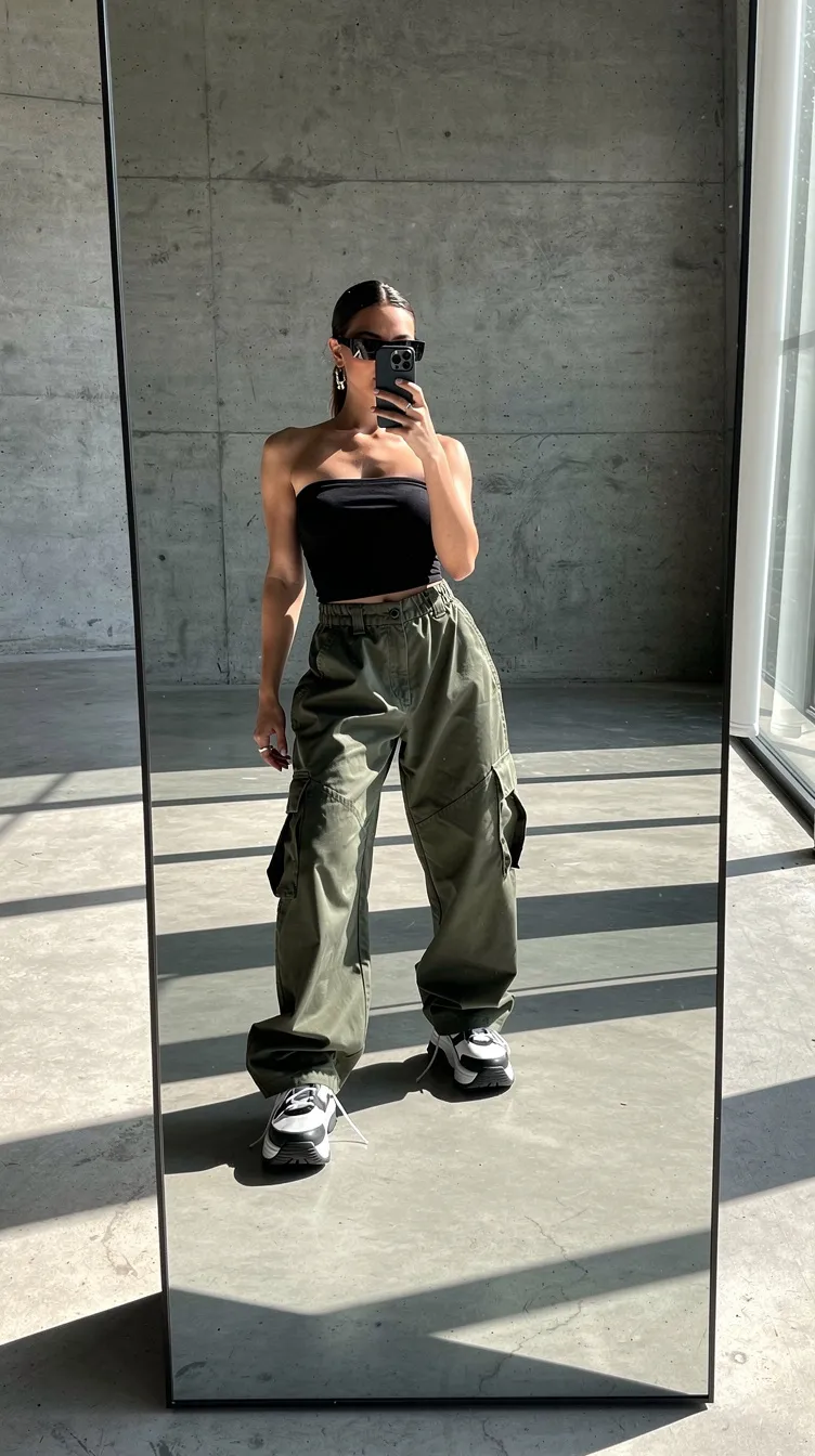 Tube Top + Cargo Pants + Sneakers