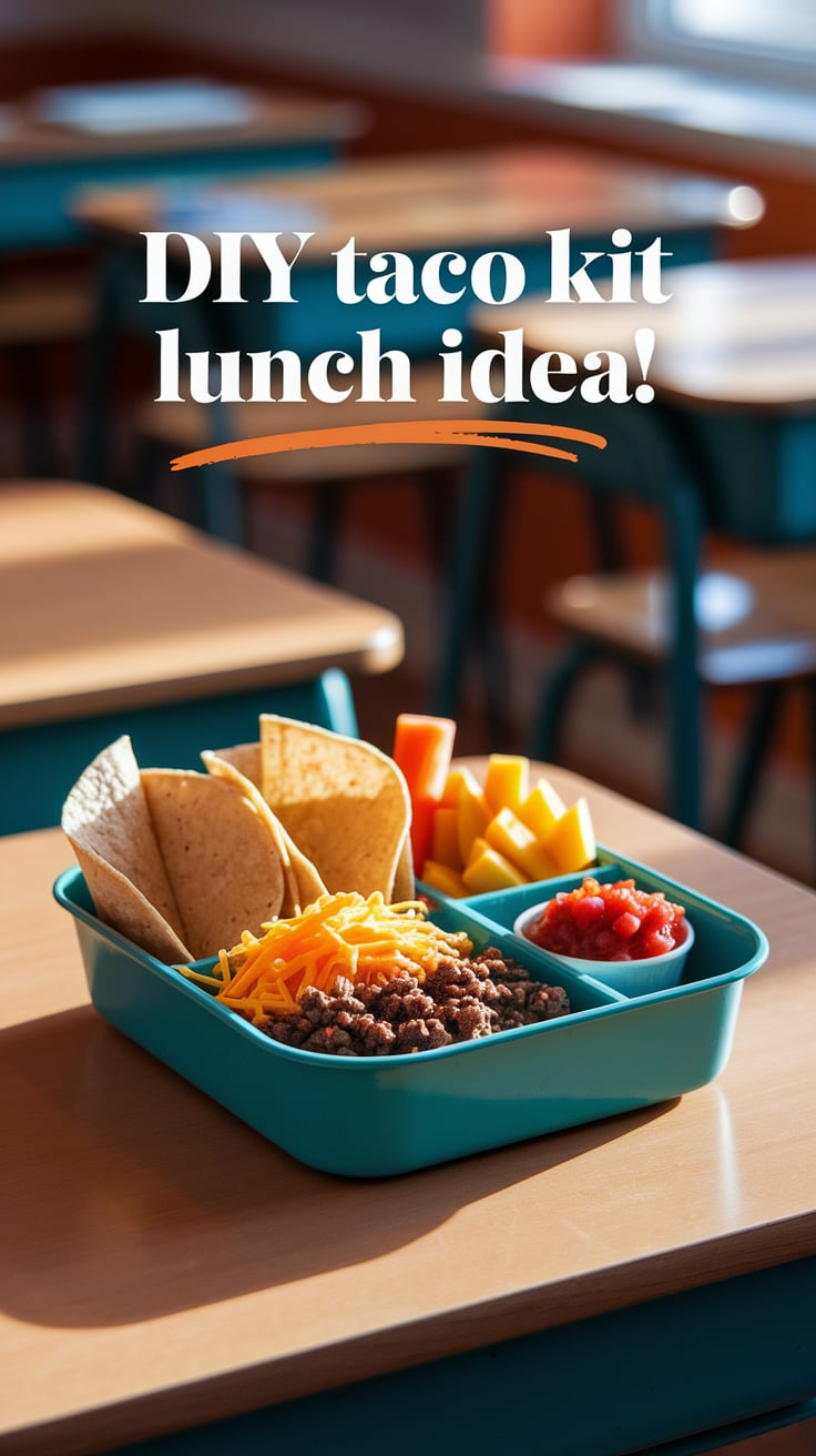 DIY taco kit on a classroom desk, including tortillas, meat, cheese, veggies, and salsa in a blue tray. Text: "DIY taco kit lunch idea!"