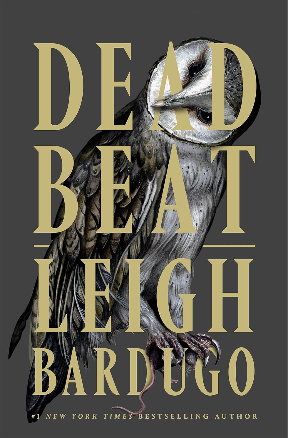 Book cover with a gray owl and gold text Dead Beat by Leigh Bardugo on a dark background.
