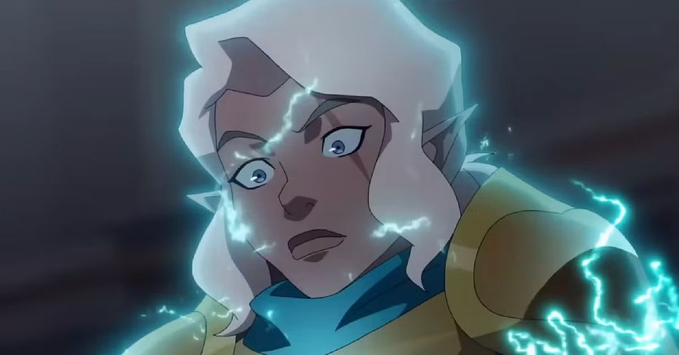 Animated elf with white hair and blue eyes surrounded by crackling blue lightning, looking shocked in a dark scene