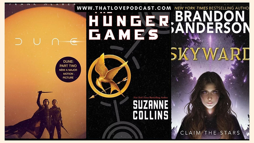 Three book covers: Dune with two figures and orange sky; The Hunger Games with a golden bird; Skyward with a woman and purple background.