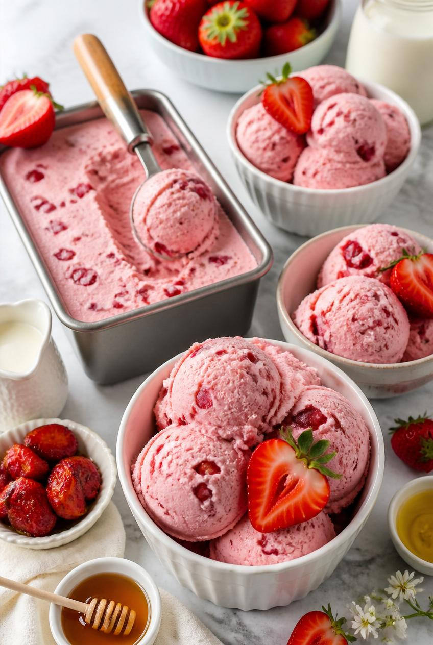 Strawberry ice cream scoops in bowls beside a tub with scoop, fresh strawberries, and milk on a bright marble surface.