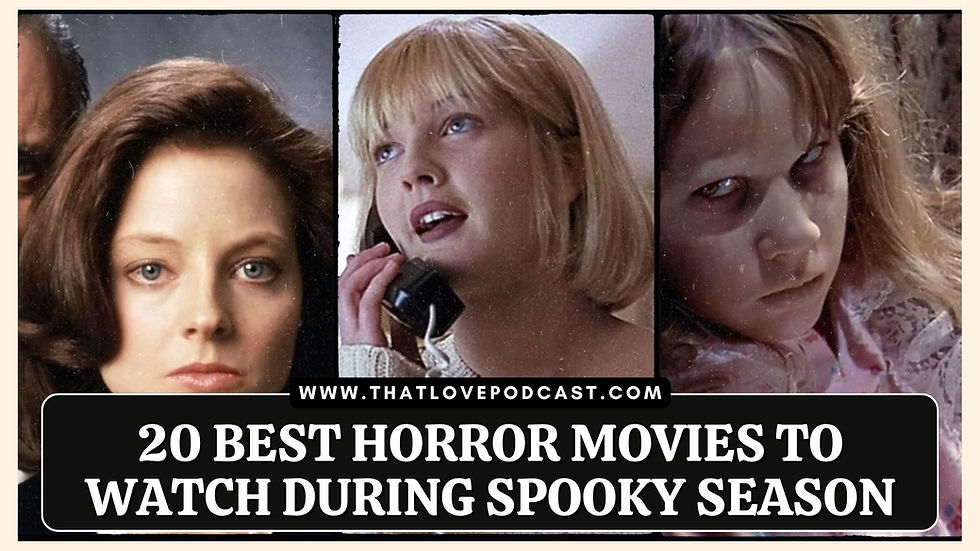 Collage of three eerie female faces, one on a phone, with bold text: 20 Best Horror Movies to Watch During Spooky Season