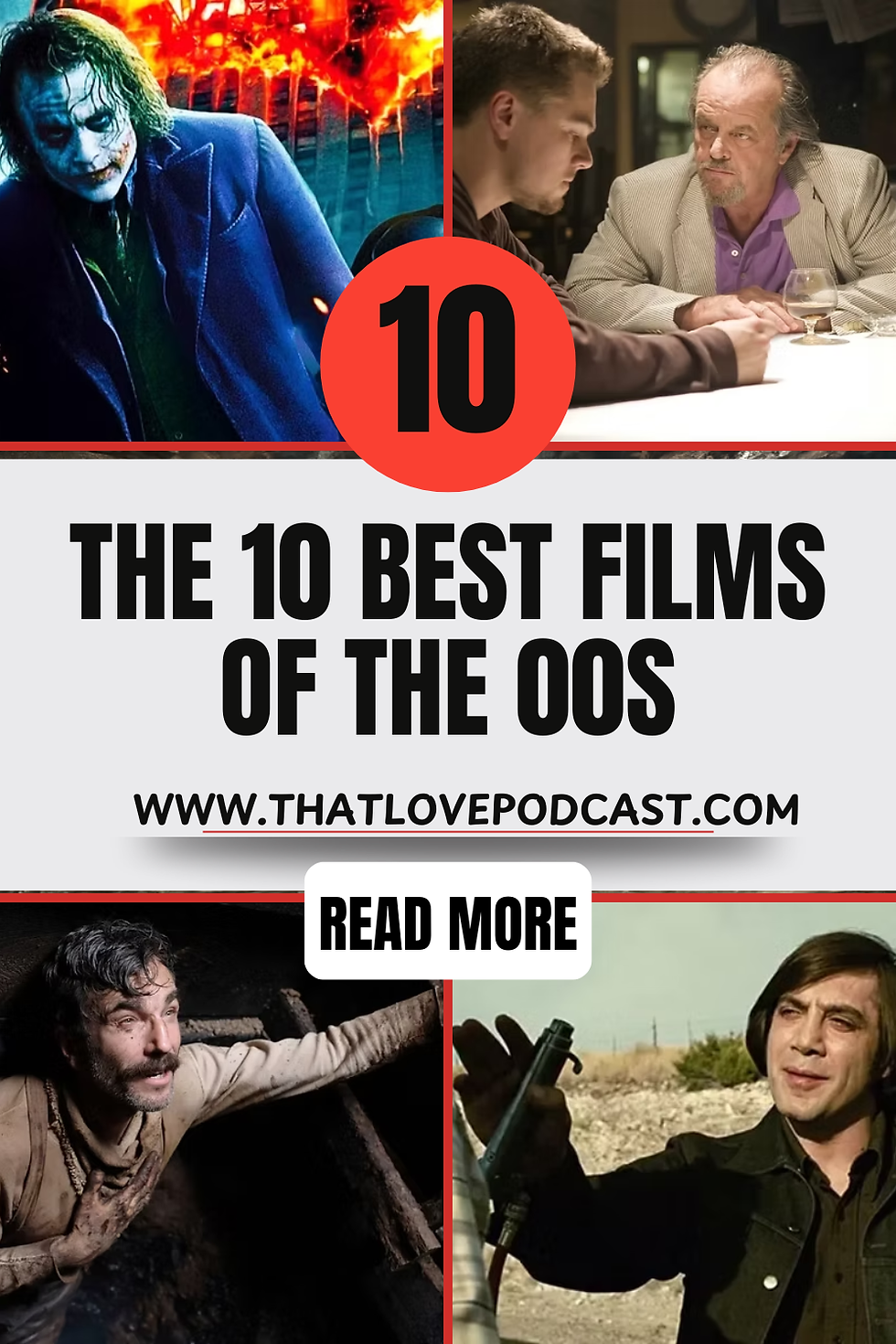 Movie collage with Joker-like figure, two men at a table, and two film stills around the title The 10 Best Films of the 00s.