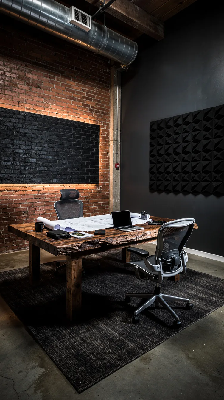 Modern industrial office with a rustic wood desk, laptop, chairs, brick wall, black acoustic panels, and exposed ductwork.