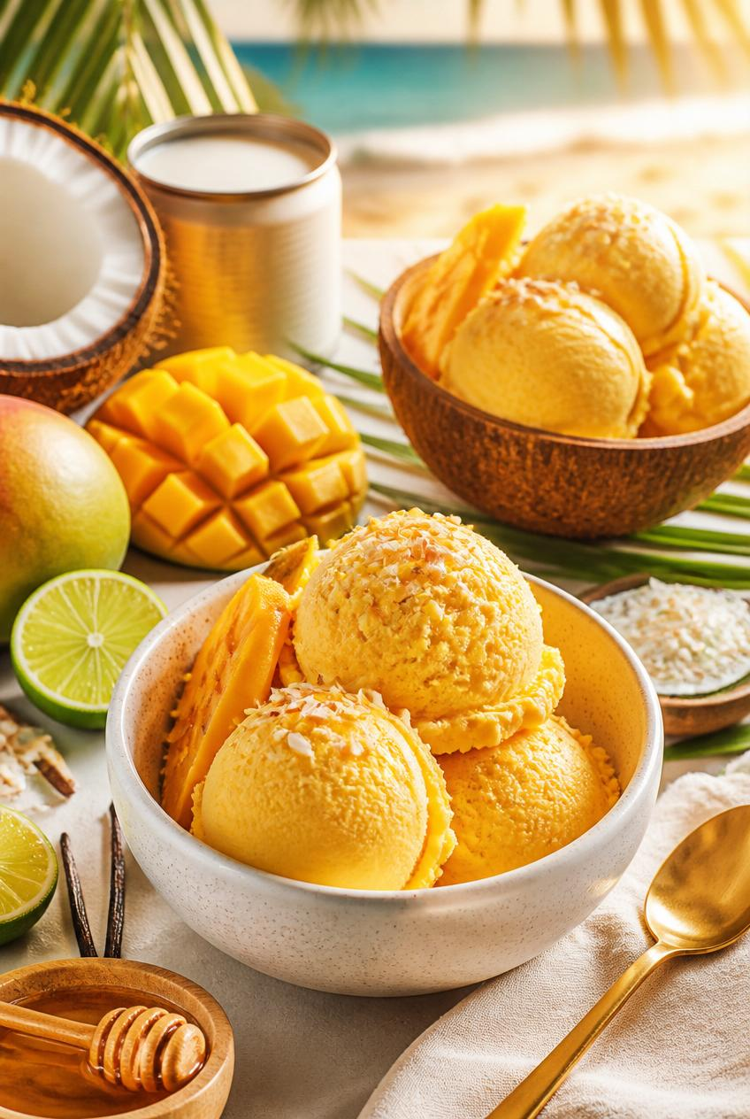 Bowls of mango coconut ice cream with lime, coconut, and honey on a tropical beach setting with palm leaves.
