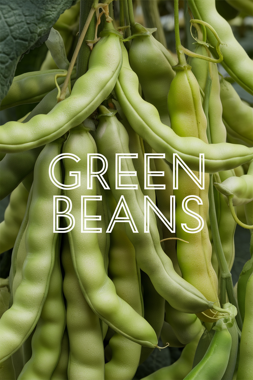 Close-up of fresh green beans with visible pods, surrounded by lush green leaves. The text "GREEN BEANS" is overlaid on the image.
