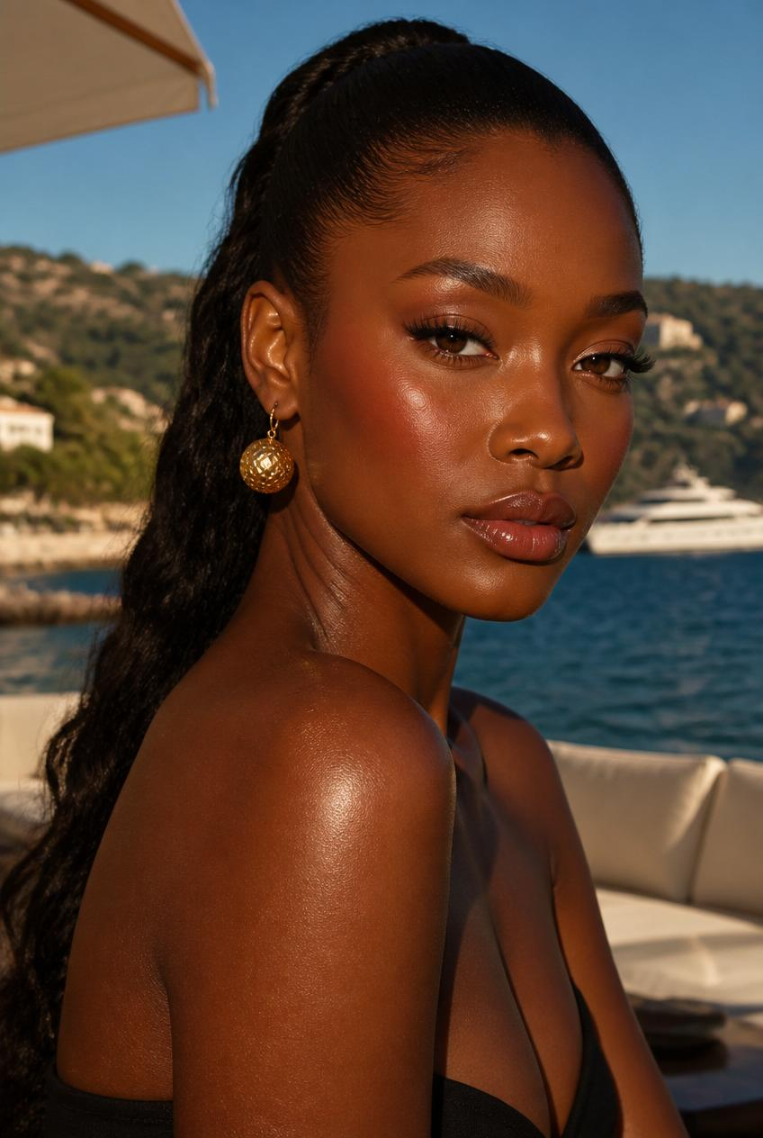 Close-up of a woman with gold earrings on a sunny boat deck by blue water and hills, gazing calmly.