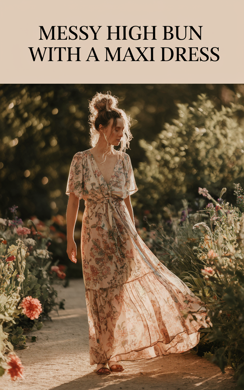 Messy High Bun with a Maxi Dress