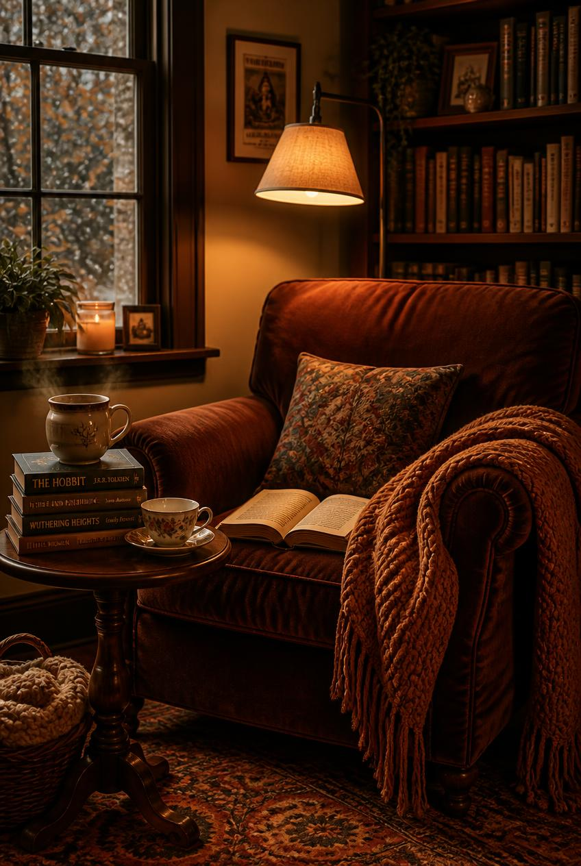 Cozy reading nook with a burgundy armchair, open book, teacups, The Hobbit stack, warm lamp light, and a rainy window.