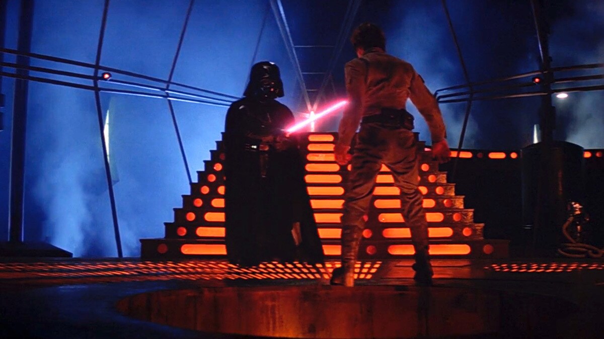 Luke Skywalker duels Darth Vader in Cloud City in The Empire Strikes Back