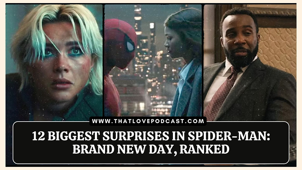 Podcast thumbnail with Spider-Man panels and a suited man; text says 12 Biggest Surprises in Spider-Man: Brand New Day, Ranked