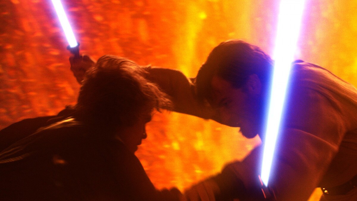 Obi-Wan Kenobi and Anakin Skywalker duel on Mustafar in Revenge of the Sith