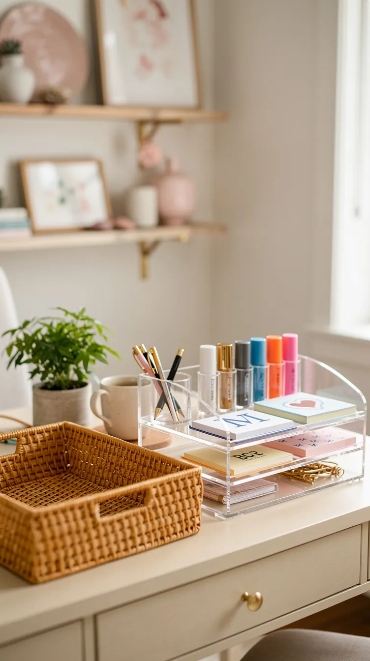 Pastel home desk with acrylic organizer of pens and colorful markers, woven tray, plant, and cards with letters in a calm workspace.