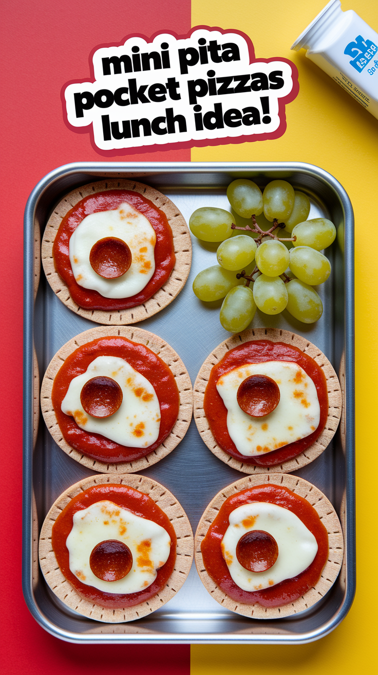 Mini pita pizzas with cheese and pepperoni, green grapes on a metal tray. Text: "mini pita pocket pizzas lunch idea!" Red-yellow background.