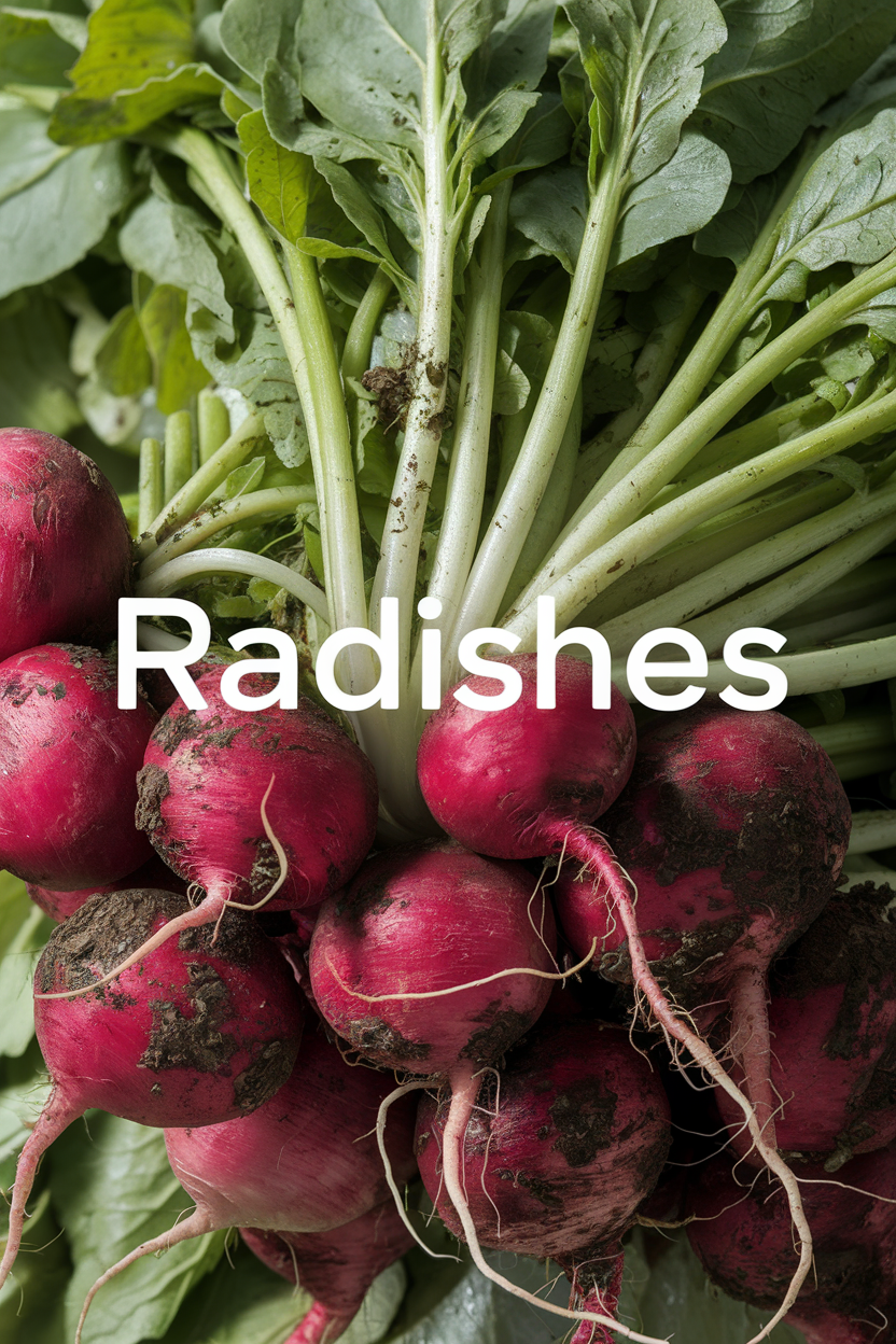 Red radishes with green stems covered in soil. The word "Radishes" is overlaid in white text. The background is leafy greens.