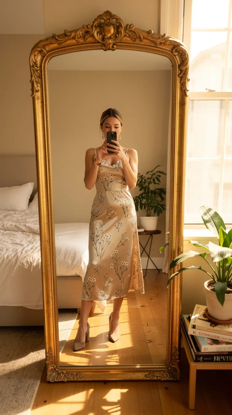 Woman in floral dress takes a mirror selfie in a bright room with a gold-framed mirror. Bed and plants decorate the soft-lit setting.