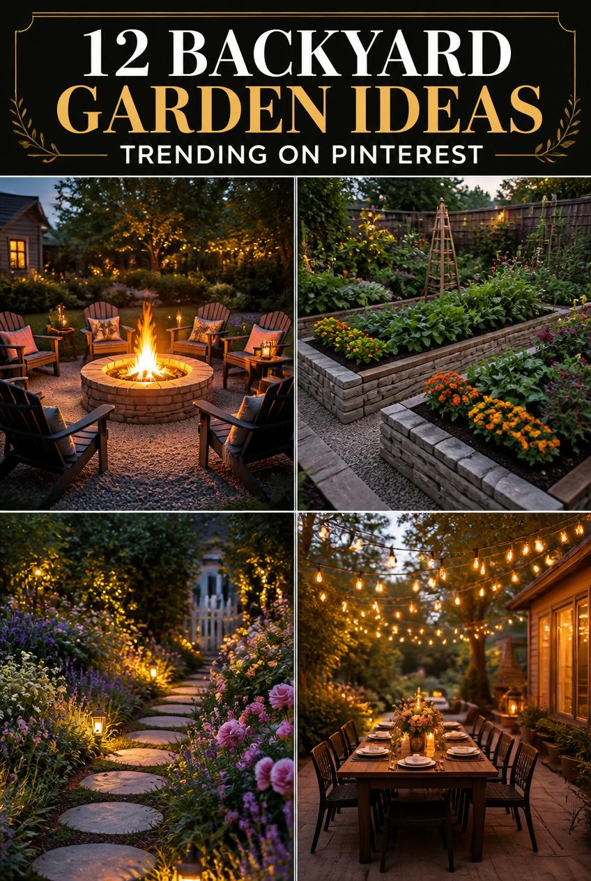 Collage of backyard garden ideas: fire pit seating, raised flower beds, stone path, and outdoor dining under string lights at dusk.