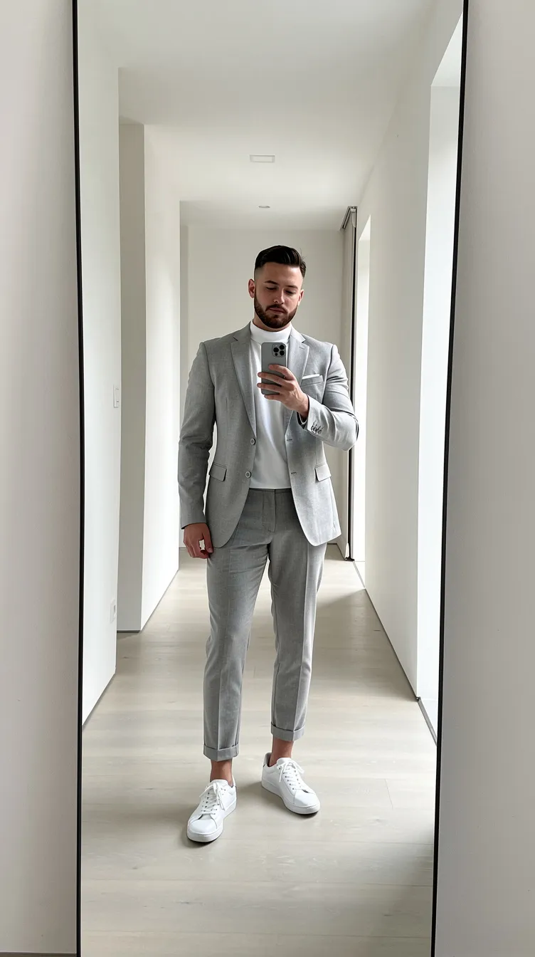 Light Grey Suit + White T-Shirt + White Sneakers