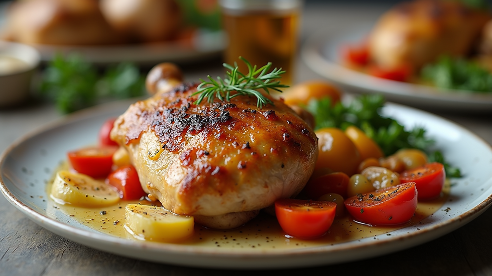 High angle view of a baked chicken thigh with roasted vegetables on a plate