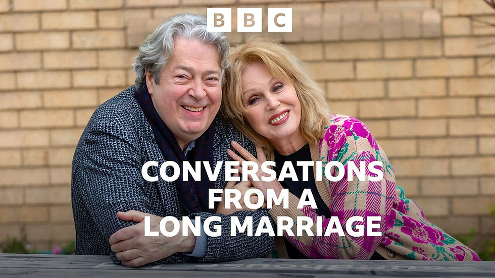 Smiling older couple posing by a brick wall with BBC logo and Conversations From a Long Marriage text overlay.