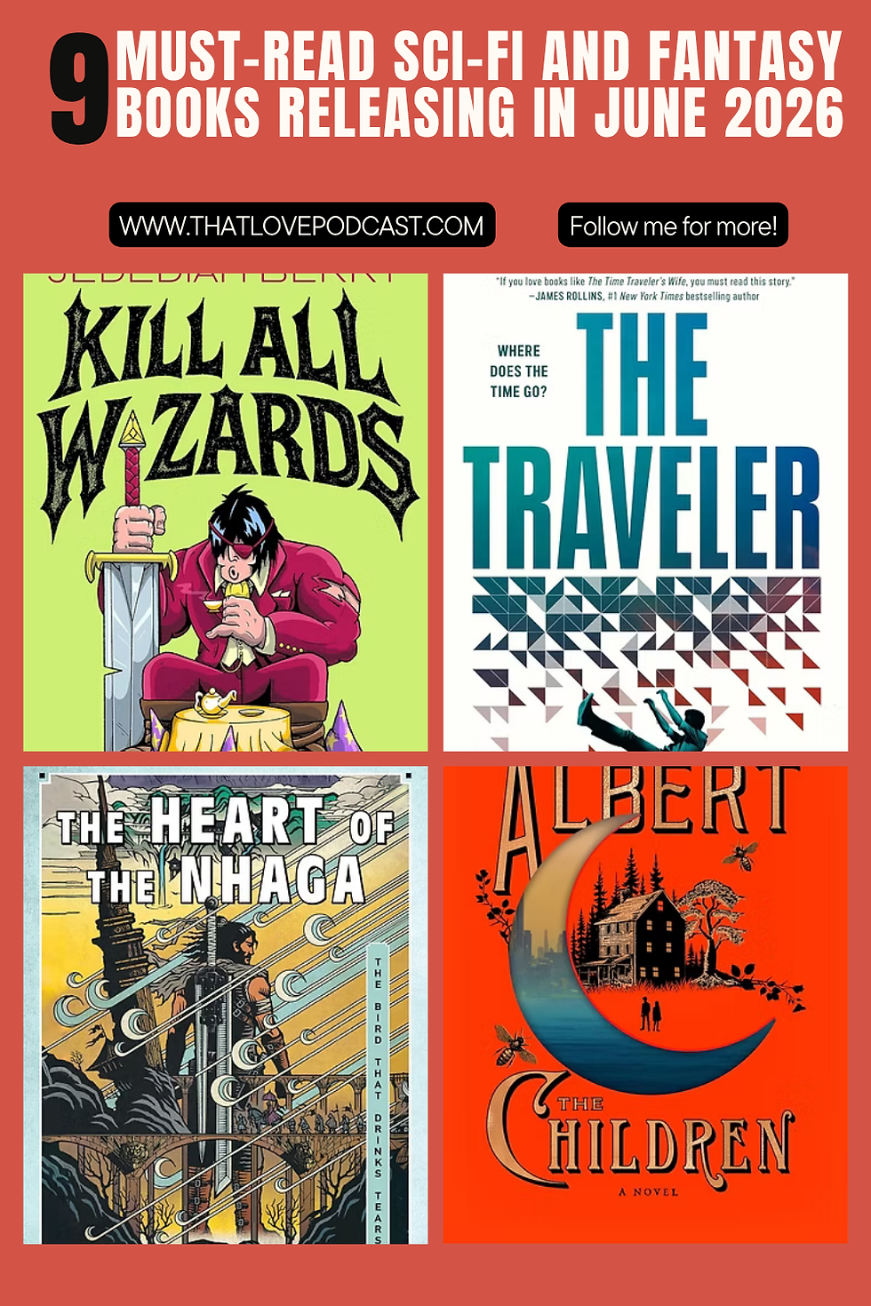 Graphic of 9 must-read sci-fi and fantasy books releasing in June 2026, with four colorful book covers and website text.