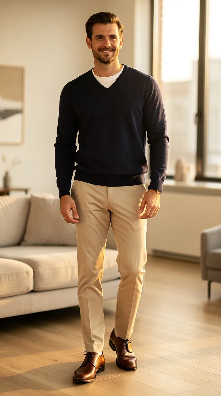 Navy Sweater + Beige Chinos + Brown Shoes
