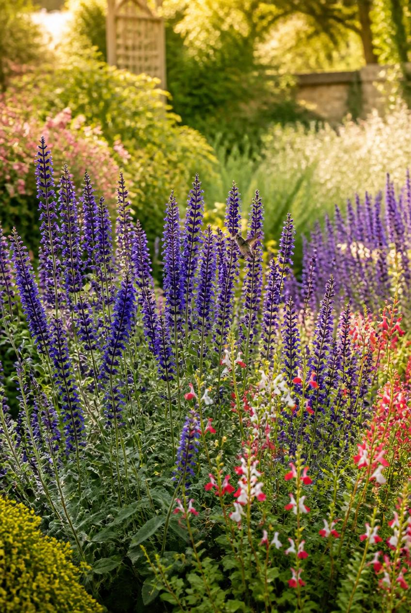 Sunlit garden of tall purple salvia and pink-red flowers, with a small hummingbird amid lush greenery.