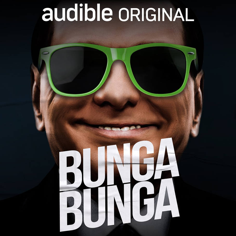 Face with green sunglasses, smiling against a dark background. Text reads "audible ORIGINAL" and "BUNGA BUNGA" in bold white letters.
