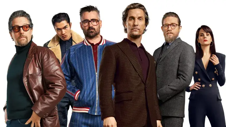 Six stylish adults pose against a white background, wearing suits and leather jackets, with serious expressions.