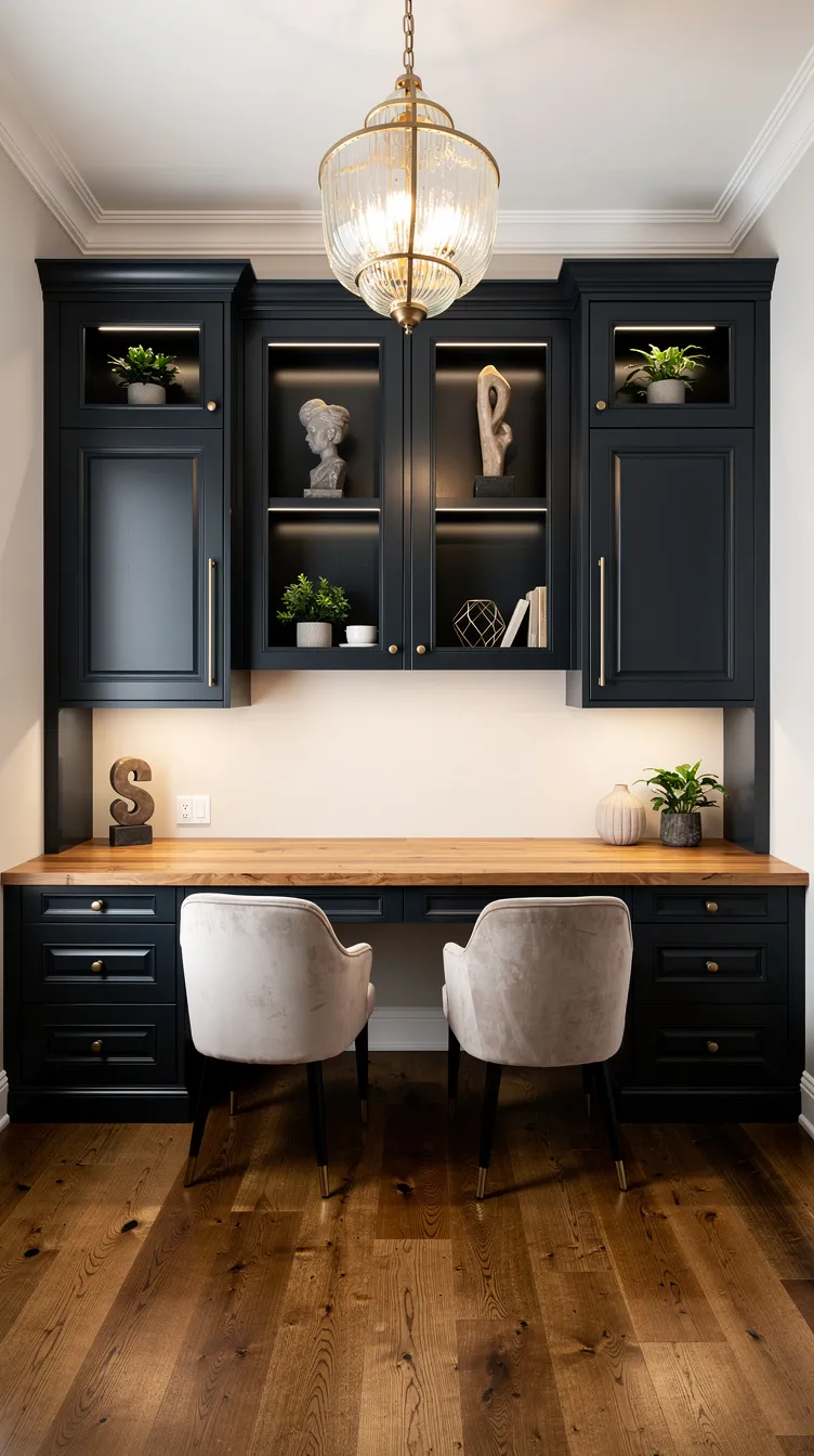 Elegant home office with dark built-ins, wood desk, two white chairs, and a gold lantern pendant over warm hardwood floors.