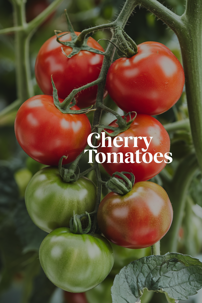 Close-up of ripe red and green cherry tomatoes on a vine with lush green leaves. Text "Cherry Tomatoes" is overlaid in white.