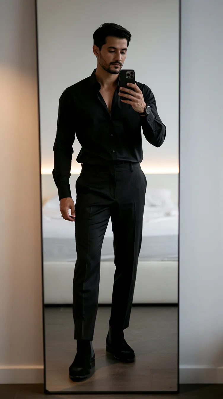 Black Button-Down Shirt + Black Slim Trousers + Chelsea Boots
