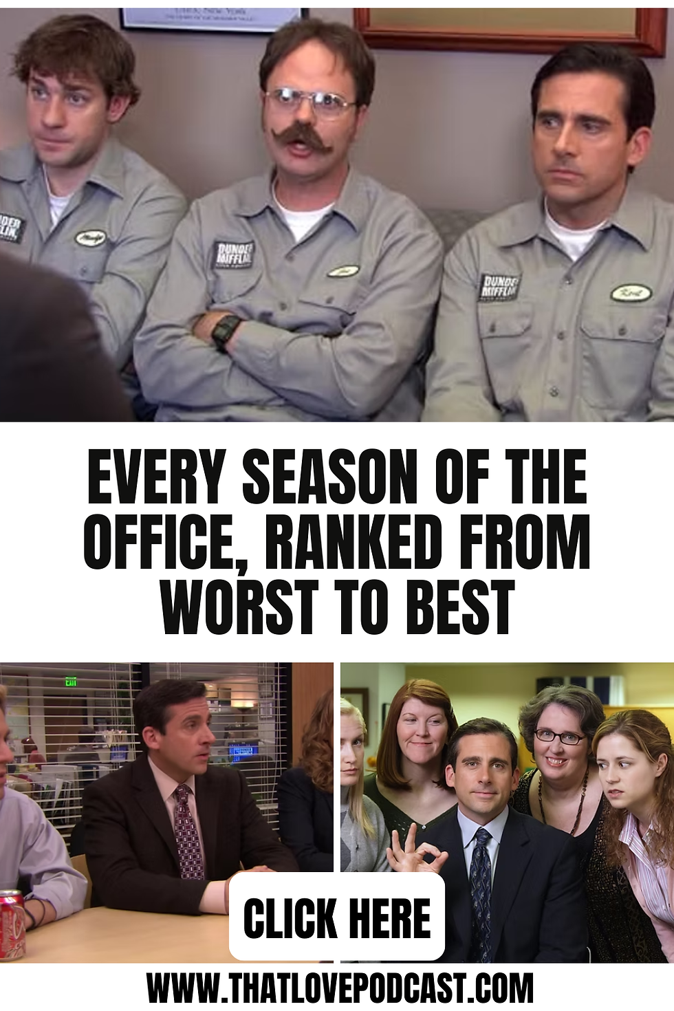 Collage of The Office characters in gray and office scenes with bold text: Every season of The Office, ranked from worst to best.