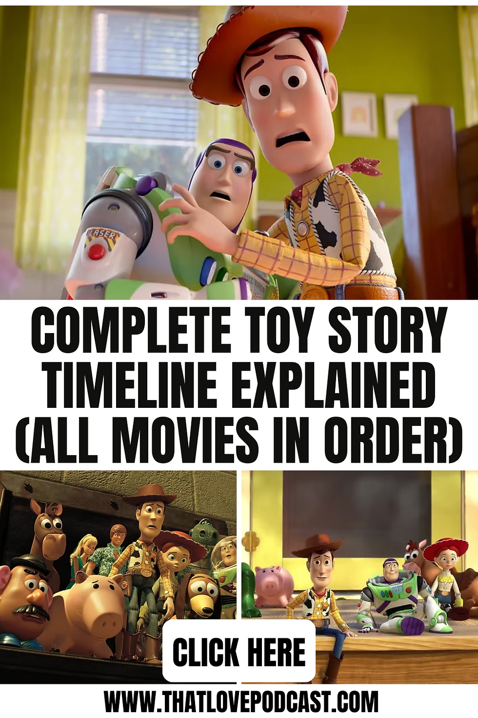 Wood and Buzz look surprised in a room. Text: "Complete Toy Story Timeline Explained." Below, "CLICK HERE" and a URL: www.thatlovepodcast.com.