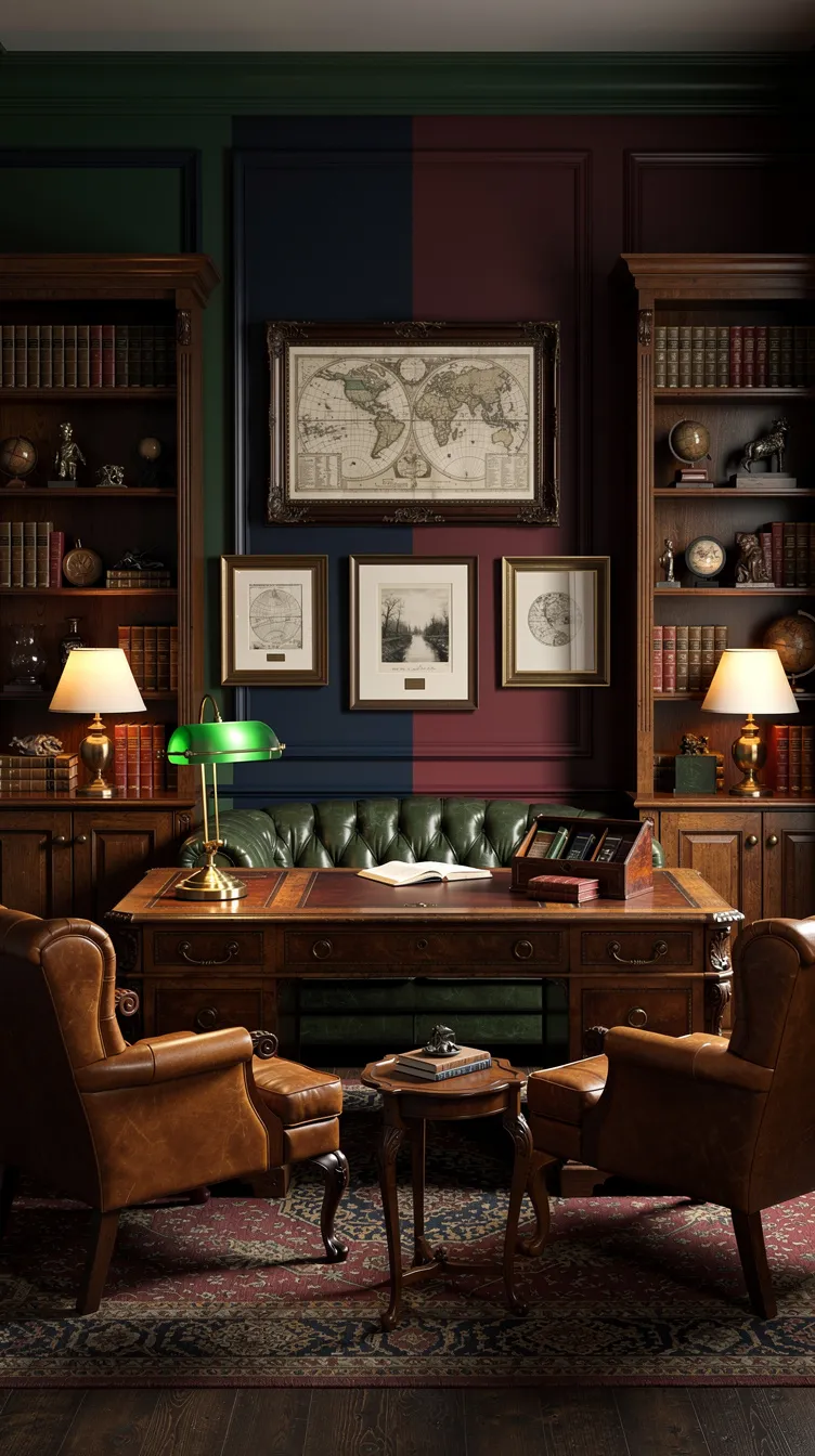 Elegant vintage study with leather chairs, green desk lamp, bookcases, world map, and framed prints on a dark paneled wall