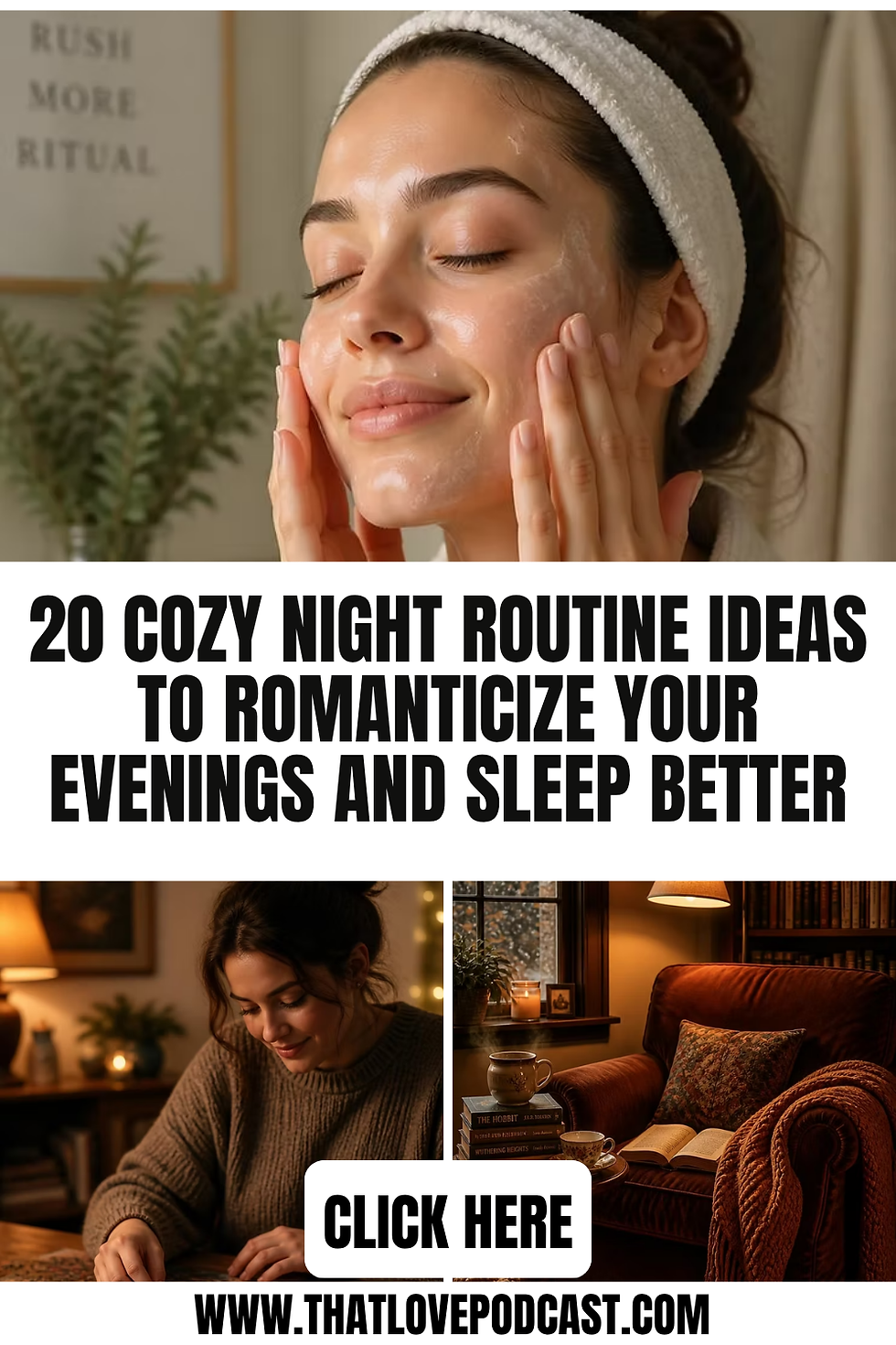 Woman with face mask and headband in a cozy skincare ad reading 20 cozy night routine ideas, with click here and website text
