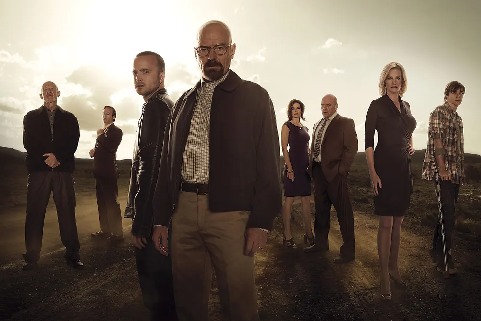 [Image: The main cast of Breaking Bad in a promotional photo]